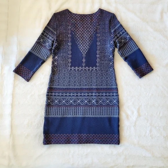 Like New BCBGMAXAZRIA Blue Purple Mini Dress Geo Print Long Sleeve Size Small - Picture 5 of 10